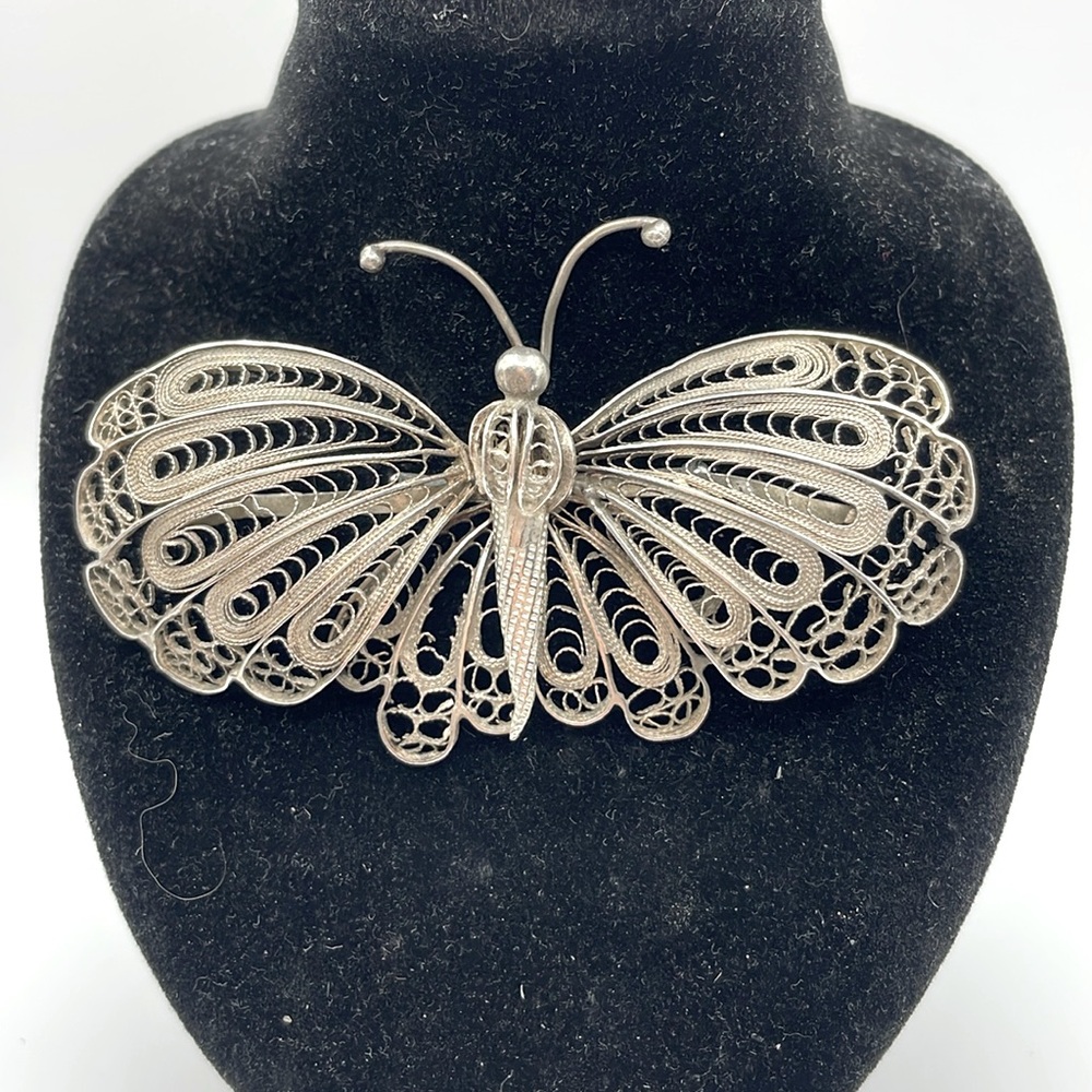 Vintage handmade sterling silver filigree butterfly brooch, 4” wide 2.25” long